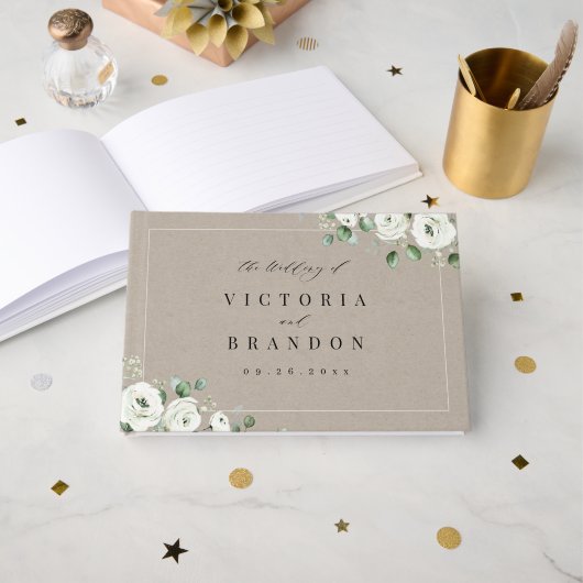 Livre D'or Eucalyptus Verdure blanc floral rustique mariage (Recto ouvert)
