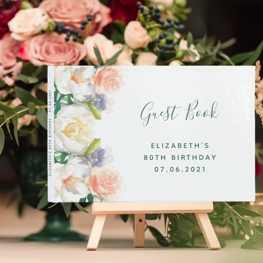 Livre D'or Fête de 80e anniversaire florals blanc rose