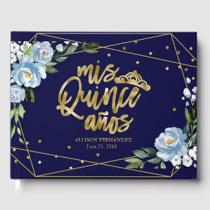 Livre D'or Fête de Quinceanera Florale Bleu Foncé avec Feuill