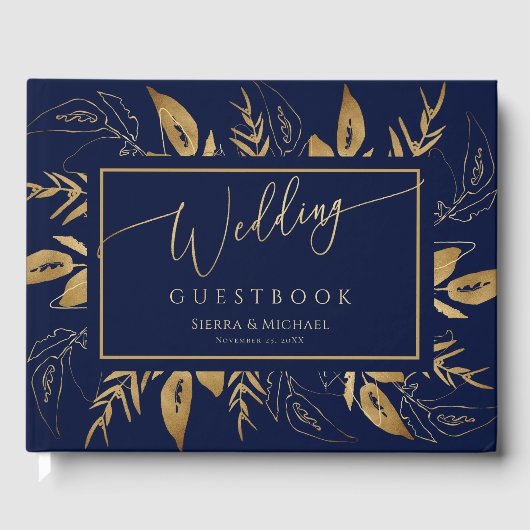 Livre D'or Feuillage doré | Elegant Mariage bleu marine or (Recto)