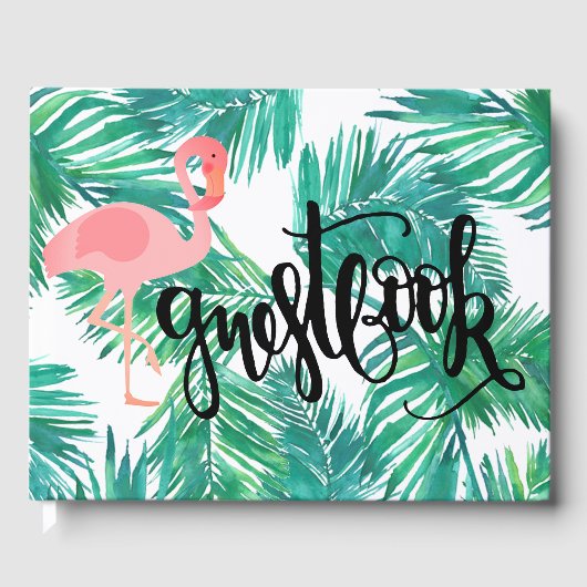 Livre D'or flamingo sur palme tropicale calligraphie feuille (Recto)