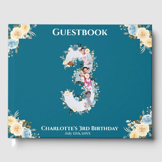 Livre D'or Fleur 3e anniversaire Turquoise photo Collage bleu (Recto)