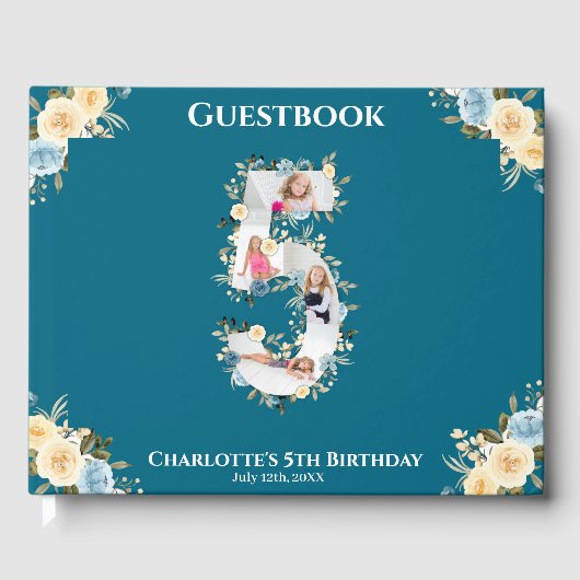 Livre D'or Fleur 5e anniversaire Turquoise photo Collage bleu (Recto)