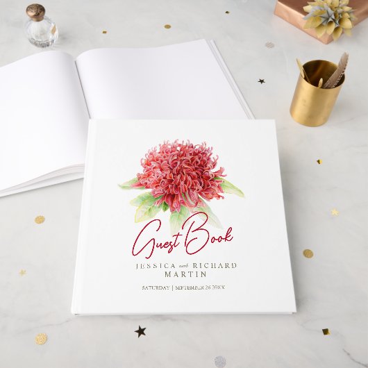 Livre D'or Fleur de waratah rouge aquarelle rouge mariage bla (Recto ouvert)