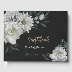 Livre D'or fleurs blanches romantiques & feuilles verts noir