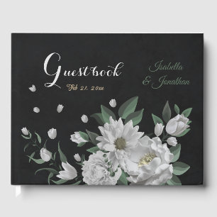 Livre D'or fleurs blanches romantiques & feuilles verts noir