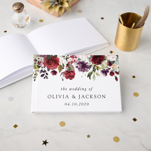 Livre D'or Fleurs Bourgogne, Fleurs roses, Verdure, Mariage (Recto ouvert)