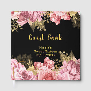 Livre D'or Fleurs élégantes roses et dorées Sweet Sixteen