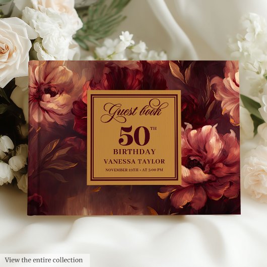 Livre D'or Fleurs or rouge foncé Boho tendance 50e Anniversai