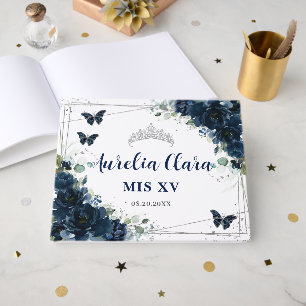 Livre D'or Fleurs Papillons Argent Quinceanera 15 Bleu Marine