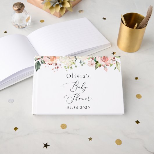 Livre D'or Fleurs roses, Fleurs blanches, Boho, Baby shower (Recto ouvert)