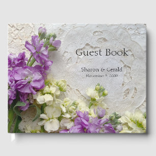 Livre D'or Fleurs violettes et blanches sur dentelles ancienn