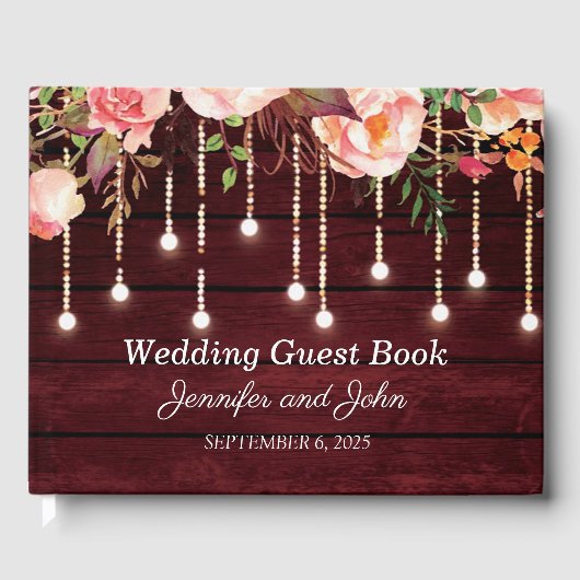 Livre D'or Floral Maroon en bois Mariage rustique (Recto)