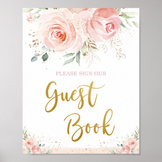 Livre d'or floral rose blush chic avec feuillage d (Devant)