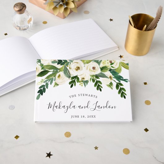 Livre D'or Floral Verdure Roses blanches Mariage élégant (Recto ouvert)