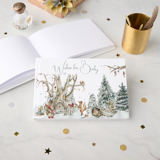 Livre D'or Forêt forestière d'hiver | BABY SHOWER (Recto ouvert)