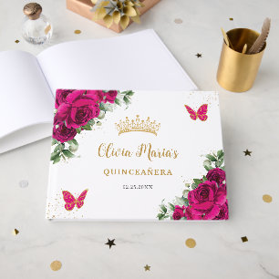 Livre D'or Fuchsia Rose Fleurs Quinceanera Anniversaire Douze