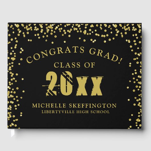 Livre D'or Graduation Congrats Grad Black Gold Confetti Nom (Recto)