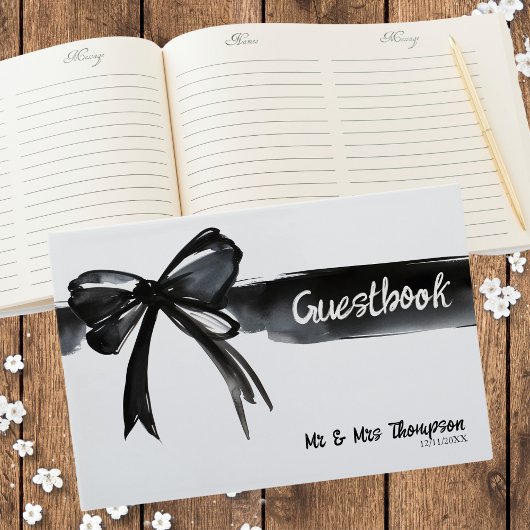 Livre D'or Grande aquarelle Bow noir et blanc Mariage moderne