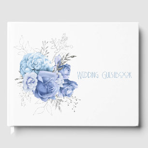 Livre D'or Grandes fleurs bleues et Mariage Feuille d'argent