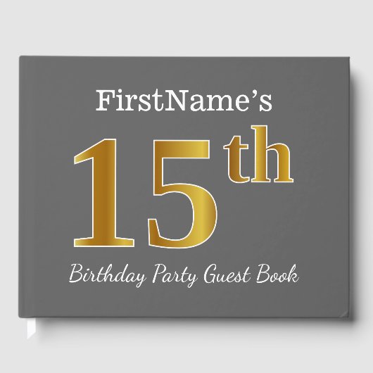 Livre D'or Gray, Faux Gold 15e fête d'anniversaire + Nom pers (Recto)
