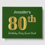 Livre D'or Green, Faux Gold 80th Birthday Party   Nom personn<br><div class="desc">Ce livre d'or est orné du numéro ordinal "80th" avec un aspect faux or. Il est également doté d'un nom customisé et d'un arrière - plan vert. Il pourrait être utilisé à une fête pour quelqu'un célébrant son quatre-vingtième anniversaire. [~Z0000056]</div>