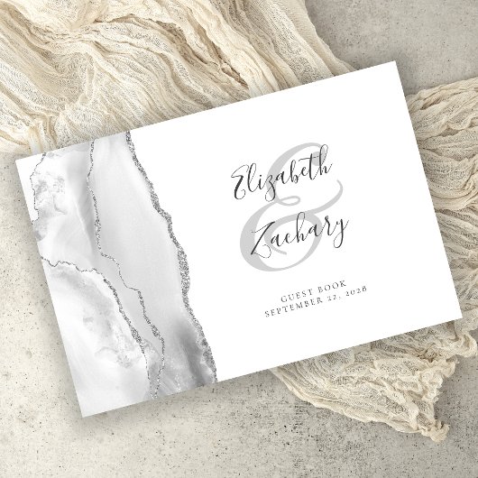 Livre D'or Gris Moderne Agate Blanche Argent Script