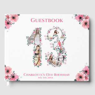 Livre D'or Gros 13e anniversaire Photo Collage Fleur Fille Bl