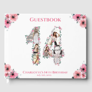 Livre D'or Gros 14e anniversaire Photo Collage Fleur Fille Bl