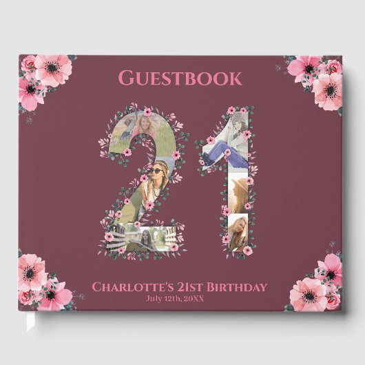 Livre D'or Grosse 21e anniversaire Photo Collage Fleur Fille  (Recto)