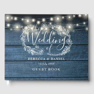 Livre D'or Guirlandes Lumineuses Florales Rustique Bois Bleu