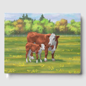 Livre D'or Hereford Cow & Cute Calf dans les pâturages d'été (Recto)