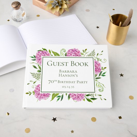 Livre D'or Hydrangeas roses pour 70e anniversaire (Recto ouvert)