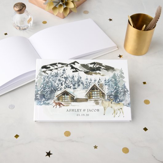 Livre D'or Invité de mariage montagnard rustique d'hiver (Recto ouvert)