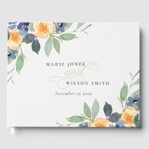 Livre D'or Jaune Bleu Floral Aquarelle Mariage Joyeux