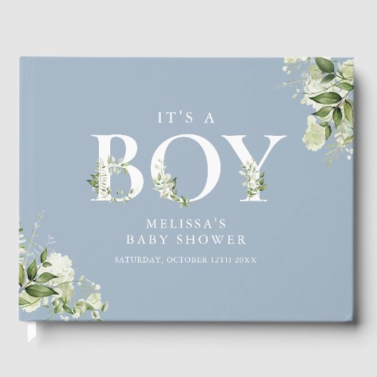 Livre D'or Lettre A Boy Greenery Baby shower bleu Dusty (Recto)