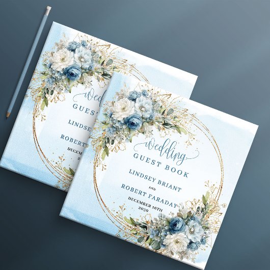 Livre D'or Light Blue Floral Gold Glitter Boho wedding guest 