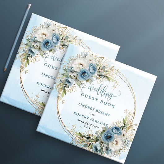 Livre D'or Light Blue Floral Greenery Gold Glitter Guest Book