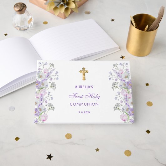 Livre D'or Lilac Flowers First Communion Guest Book (Recto ouvert)