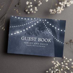 Livre D'or Lumières de Noël sur un Arbre Bleu Marine Rustique