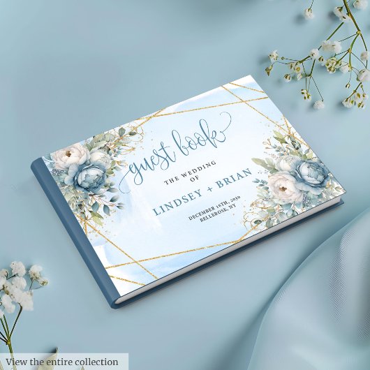 Livre D'or Luxueux Pastel Blue White Gold Flowers Mariage
