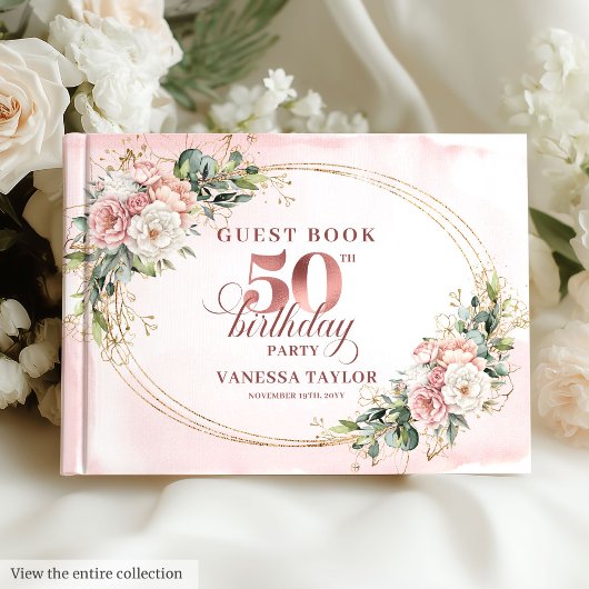 Livre D'or Luxurious Blush Floral Greenery 50th Guest Book