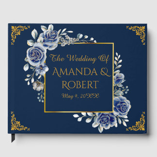 Livre D'or Luxury Navy and Gold Floral Wedding Guest Book
