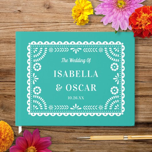 Livre D'or Magnifique Ornate Papel Picado Aqua Mariage