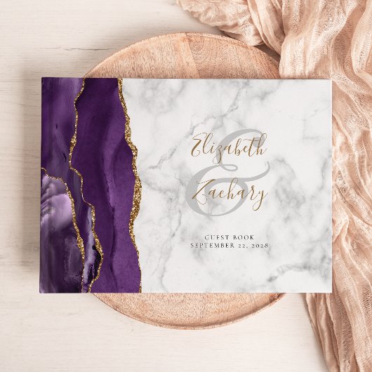 Livre D'or Marbre de script doré à l'agate violette moderne