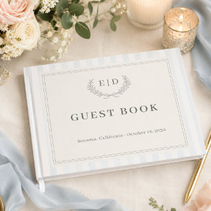 Livre D'or Mariage à monogramme rayé bleu et sauge
