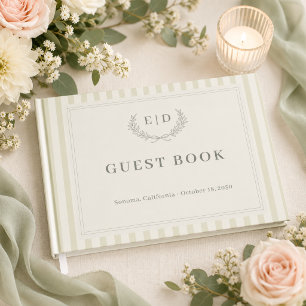 Livre D'or Mariage à monogramme rayé vert sauge
