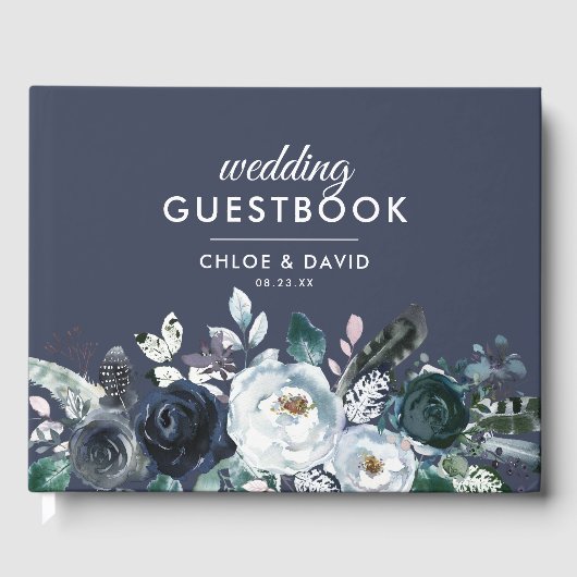 Livre D'or Mariage aquarelle florale bleu bohème rustique (Recto)