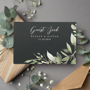 Livre D'or Mariage aux feuilles de verdure modernes vert fonc