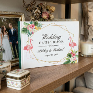 Livre D'or Mariage aux Flamants Roses et Feuilles Florales Tr